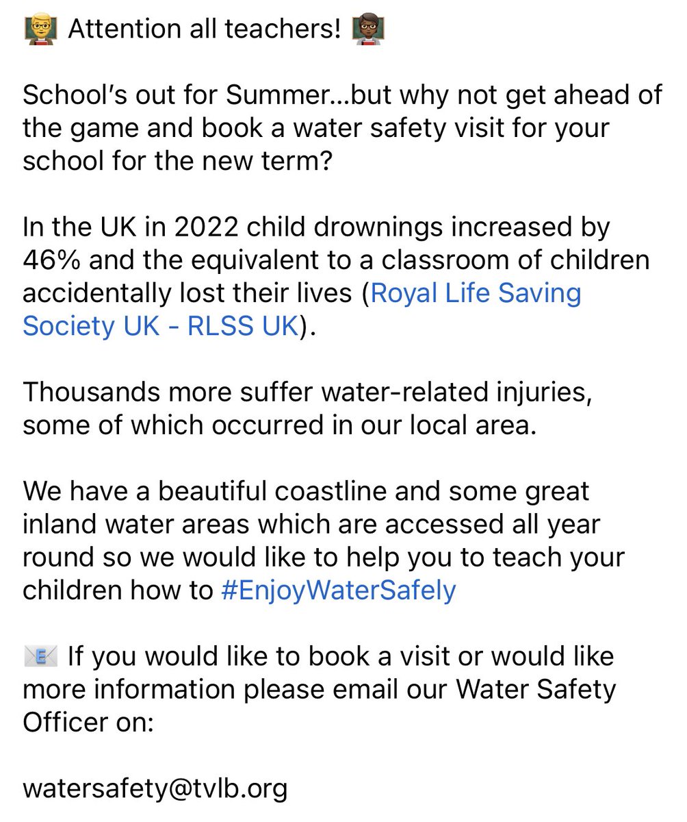 🌊 It’s Water Safety Wednesday!

Do you know a school or group who would benefit from a water safety visit from us? 

If so, contact our Water Safety Officer on watersafety@tvlb.org

#WaterSafetyTynemouth #EnjoyWaterSafely #WaterSafety #DrowningPrevention