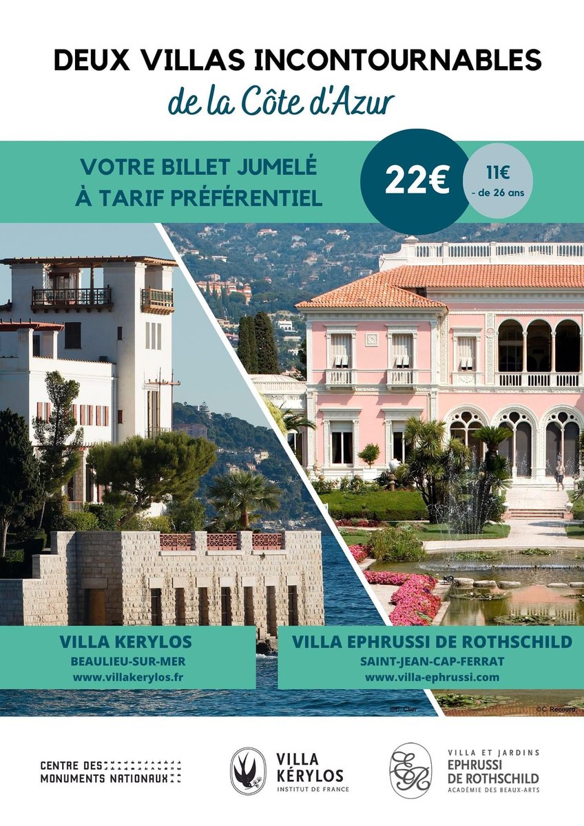 Dès le 4 août, visitez la Villa Kérylos, propriété de l’<a href="/InstitutFrance/">Institut de France</a> gérée par <a href="/leCMN/">le CMN</a> et la Villa Ephrussi de Rothschild, propriété de l’<a href="/AcadBeauxarts/">Académie des beaux-arts</a>, avec un billet jumelé à tarif préférentiel !