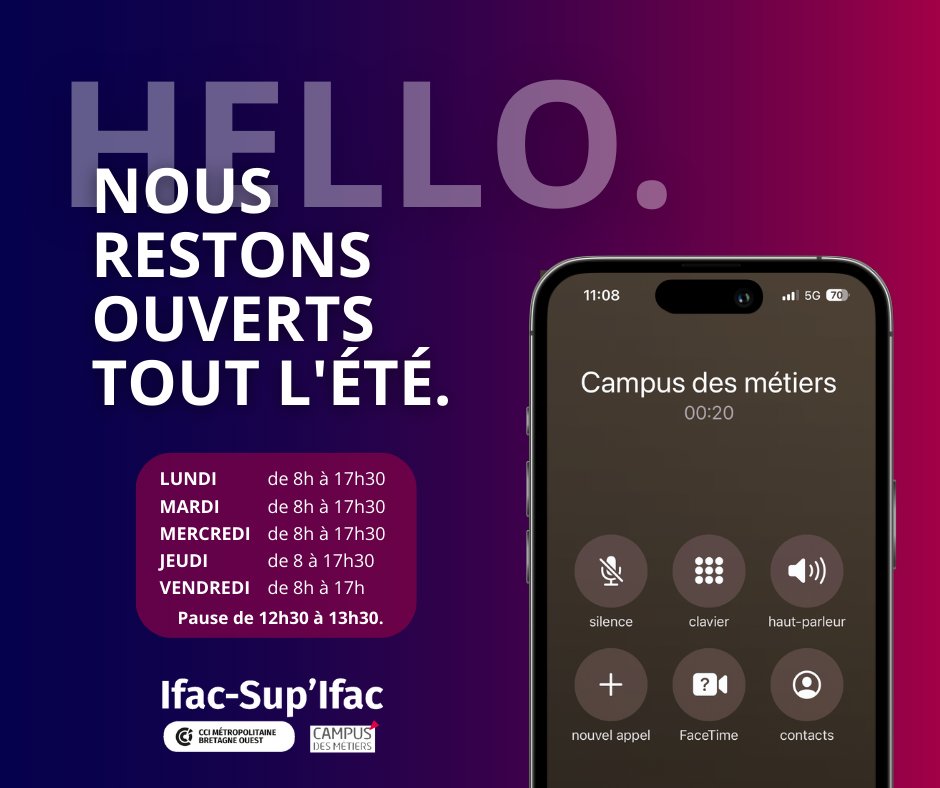 ☀️🏖️Le Campus des métiers vous accueille tout l'été :
📅 du lundi au vendredi
📍 Par téléphone, par mail ou dans nos locaux
⚠️ Fermeture exceptionnelle les 11 et 14 août
Plus d'informations sur ➡️ ifac-brest.fr