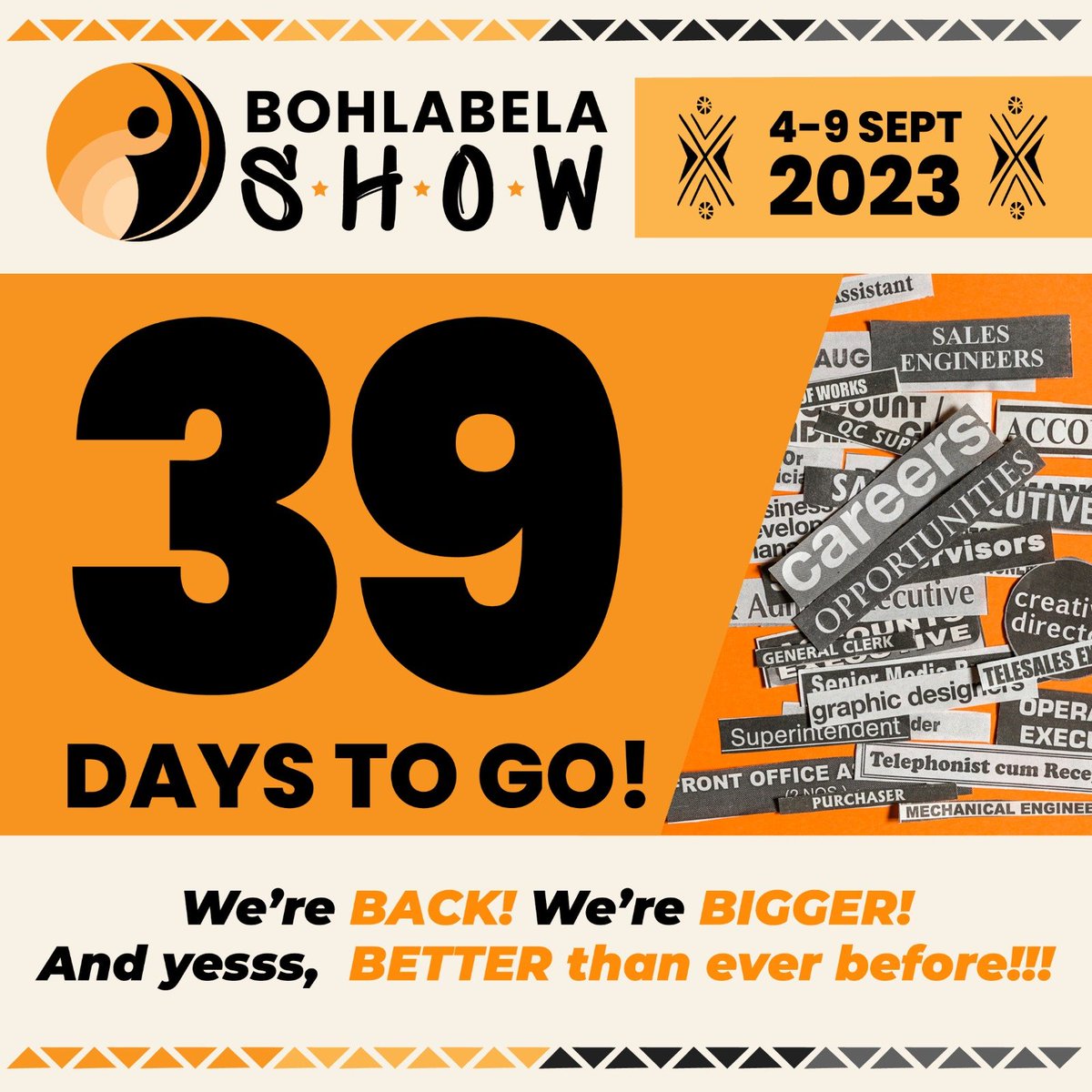 bohlabela_show's tweet photo. There'll be a lot on display at the Bohlabela Annual Show that's happening from 4 to 9 September. Come and get information on career options,  job opportunities, empowerment and networking. Who knows what or who you'll find? We're counting down! #bohlabelashow23 https://t.co/aUfzfqQTTR