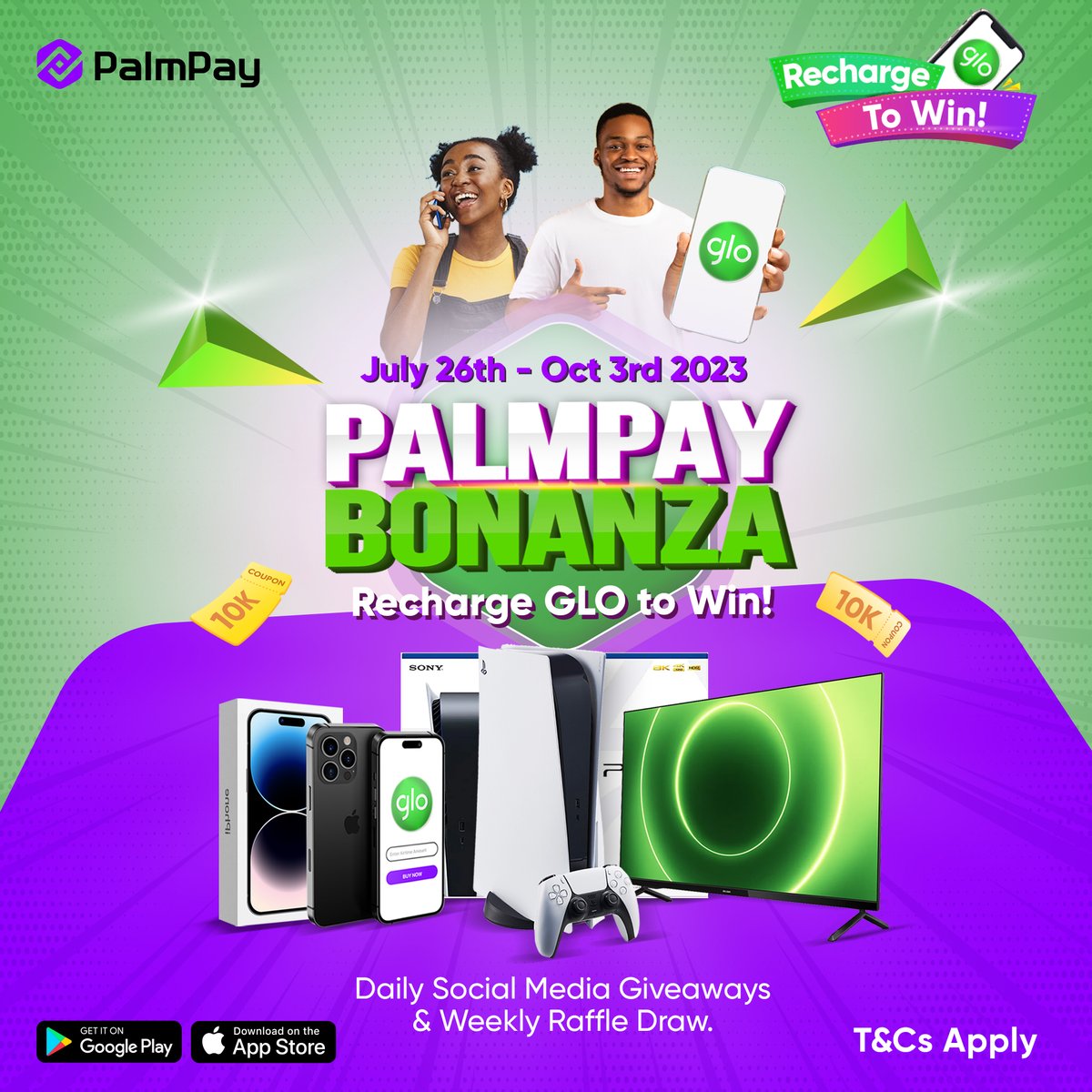 This one is huge!
The Biggest airtime and data Bonanza of the year don land! PalmPay Bonanza Recharge Glo to win is here!!

To participate, just top up a GLO line from your PalmPay app with at least N300 and you automatically qualify to win prizes like Smart TV, PS5, iPhone 14… https://t.co/zQ0YkinkeI https://t.co/CLJAe1nWTL