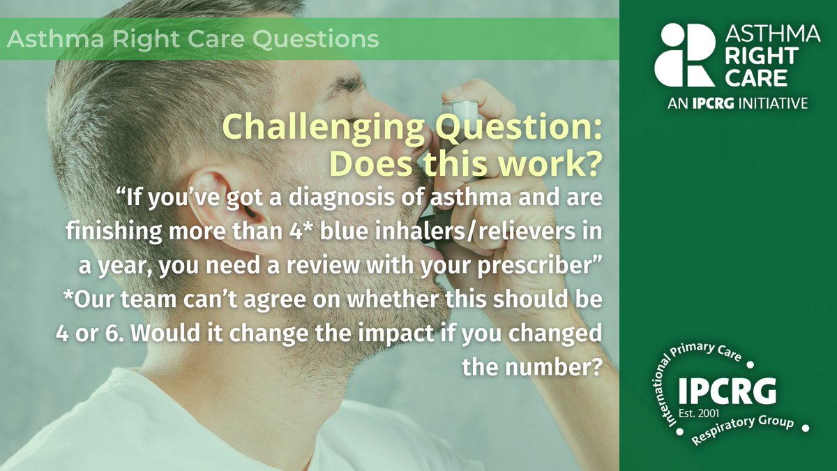 IPCRG's tweet photo. 💭💙 How many blue inhalers/relievers does it take before asthma patients should have a review with their prescriber? 🌬️🤷 Our team can't agree if it's 4 or 6 inhalers per year. We want to hear from you! 
To learn more about Asthma Right Care: https://t.co/qZGSsImv5j https://t.co/4pBiadP9Nc