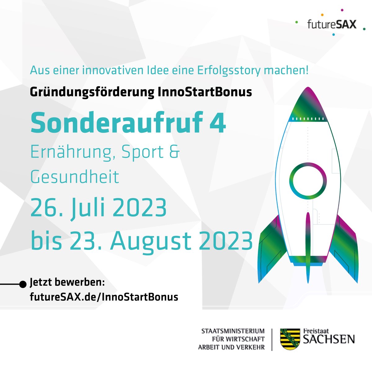 futureSAX's tweet photo. Der #InnoStartBonus startet in einen neuen Sonderaufruf!🚀
Bis zum 23.8. ist das Bewerbungsportal für den 4. #Sonderaufruf geöffnet, bei dem innovative Geschäftsideen speziell im Bereich #Ernährung , #Sport &amp; #Gesundheit eingereicht werden können. https://t.co/H6UcCZhRJD