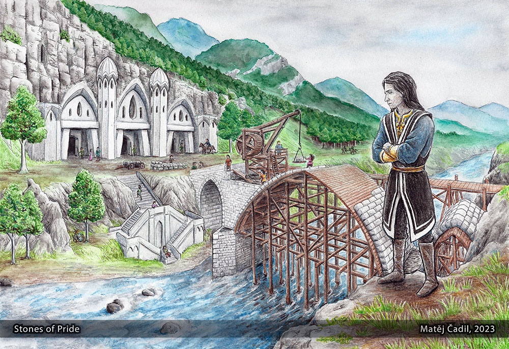 MatejCadil's tweet photo. For #AmonHenArt2023 prompt "Children of Húrin" here is one of my latest pictures, "The Stones of Pride". Túrin pridefully observes the bridge of Nargothrond being built – one of his not-so-great decisions.

@amonhents @tolkiensociety #tolkienart https://t.co/yoTG9wGad4