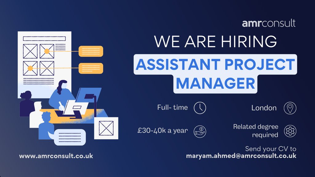 ConsultAmr's tweet photo. We are looking for an Assistant Project Manager to join our team who will assist and support with the delivery of new build and refurbishment projects 🏗️

If you are a recent graduate in project management or have a construction related degree, send your CV to Maryam to #apply. https://t.co/ZB3kwSiohs