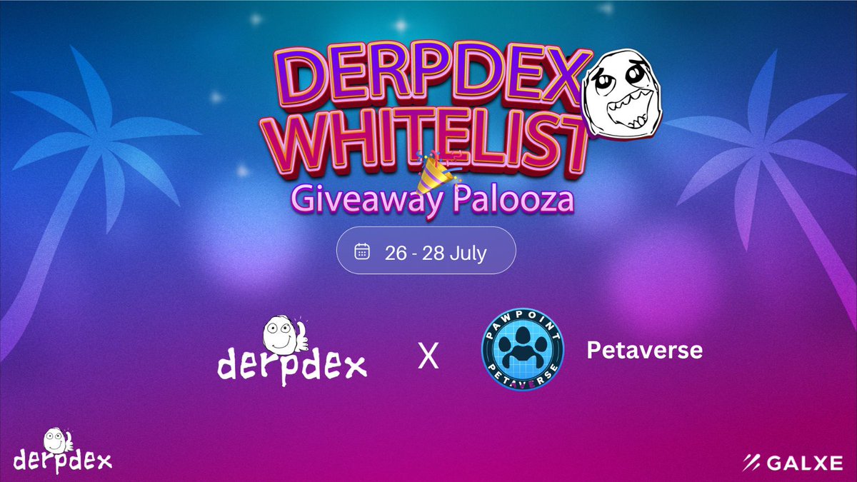 🎉 DERPY ALERT! 🎉

Yo, fellow Derps! Get ready to dive into the DERPside, cause it's WHITELIST GIVEAWAY PALOOZA time at DerpDEX with  @Petians_1  😎

📅 Mark your calendar: July 26 - July 28

🎁 30 x DerpDEX Whitelist &amp; $PPT worth 1000u for 50 winners

🔗 Complete the task here: