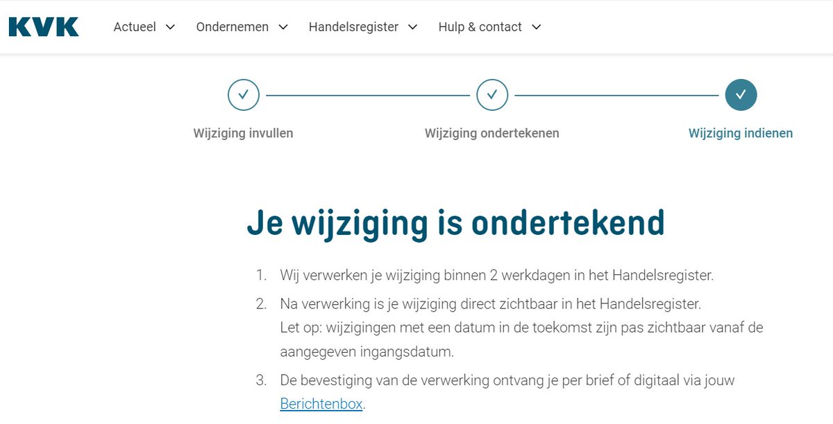 Kijk, digitalisering van organisaties is mijn ding. Vanmorgen online bij de KvK een aantal zaken geregeld. Het laatste scherm wekt echter niet alleen verwarring, het zorgt ook voor twijfel bij de gebruiker. Wie kan zeggen wat hier mis is? <a href="/KVK_NL/">Kamer van Koophandel</a> #digitaletransformatie