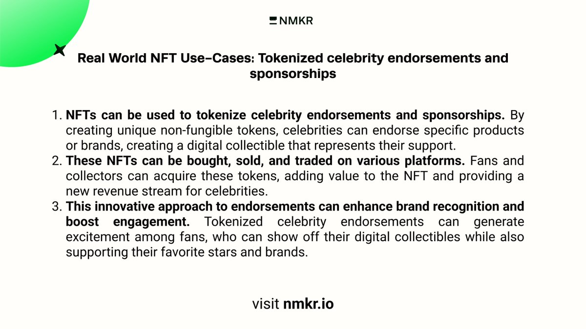 nmkr_io's tweet image. "🌍🔁 Join NMKR in revolutionizing the world with NFTs! We're all about empowering people to solve real-world problems and pioneer tokenized celebrity endorsements and sponsorships. Let's reshape the future together! 💎✨ #NFTs #RealWorldUseCases #NMKR"