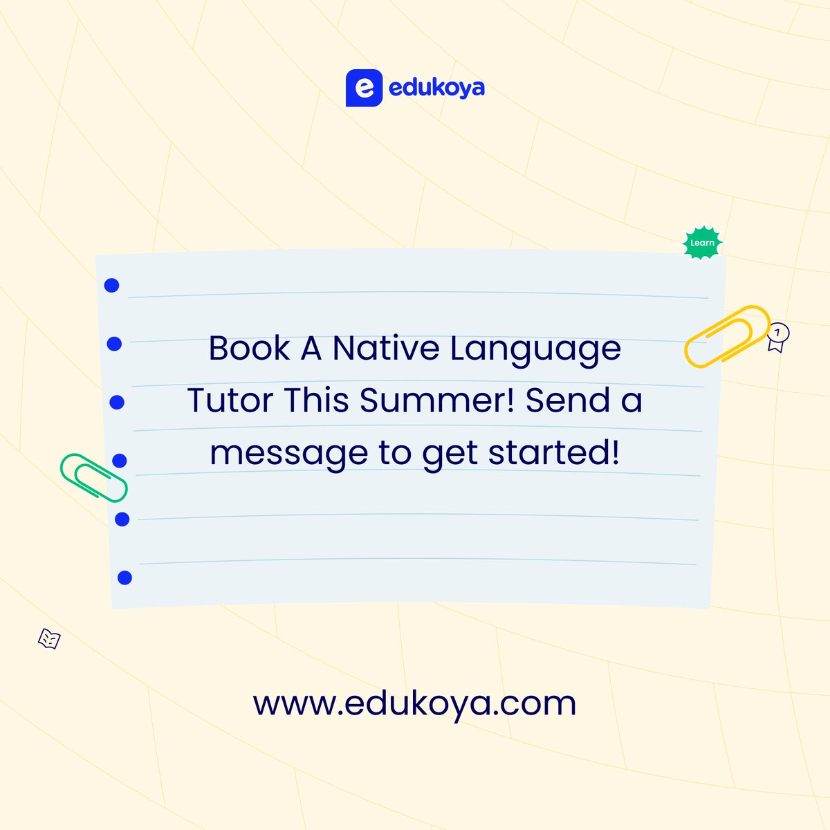 edukoya's tweet photo. Sign your kids up for native language classes this summer and enjoy a free trial class today.

Send us a message to get started!
#elearningcompany #edutwitter https://t.co/jmrVXufY0C