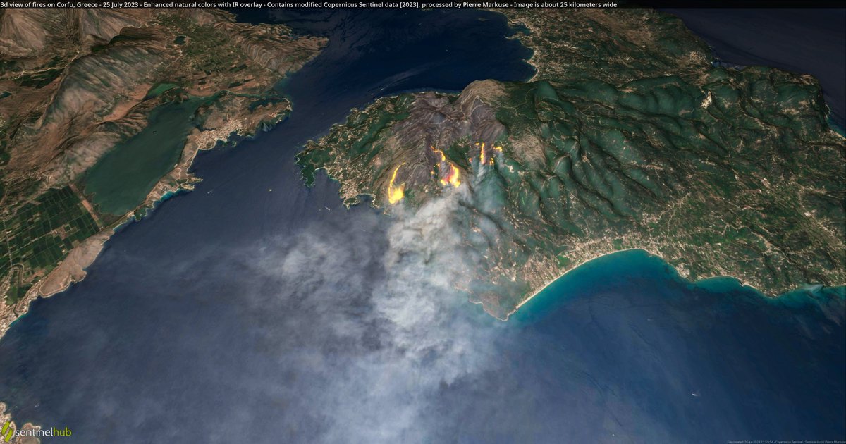 Pierre_Markuse's tweet photo. 🟠 3d view of fires🔥 on Corfu, #Greece🇬🇷 - 25 July 2023 #Copernicus🇪🇺 #Sentinel-2🛰️ Full-size ▶️ https://t.co/Nv3Uw9mfrU #RemoteSensing #OpenData #SciComm #fire #wildfire #Greecewildfires #Corfu #corfufire Images is about 25 kilometers wide https://t.co/mpoGBH62v1