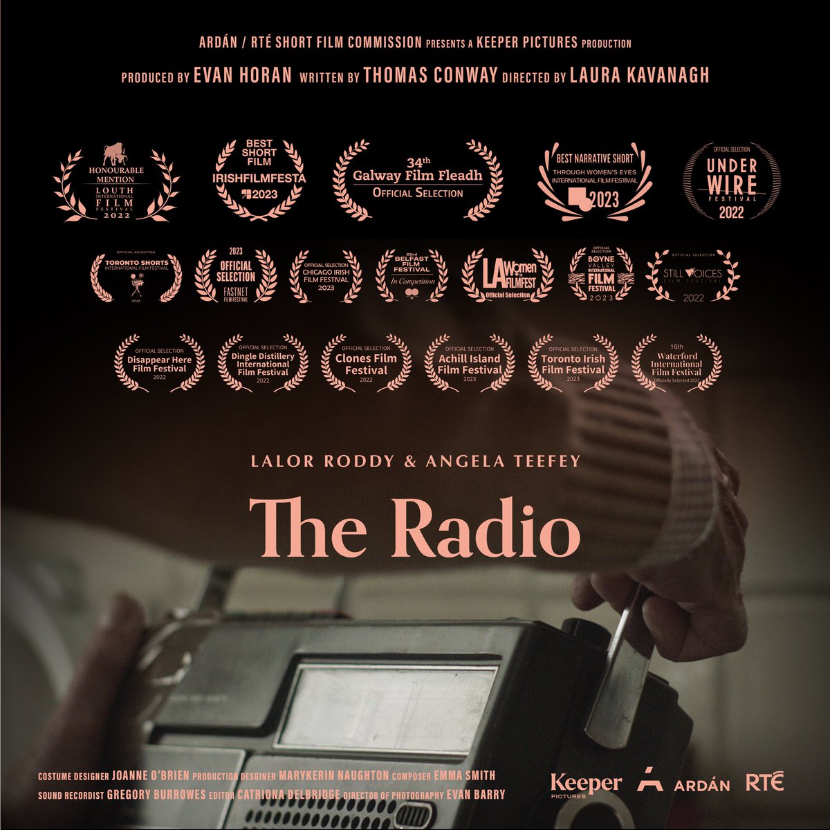 After a year of festivals, delighted that @the_radio_film screens on @Shortscreen @RTE2 Mon 31 July. @ardan_ie / @rte Short Film Commission presents a @Keeper_Pictures production Director @LauraLovesfilm Writer @tomcon81 Producer @evn_hrn Cast Lalor Roddy & Angela Teefey