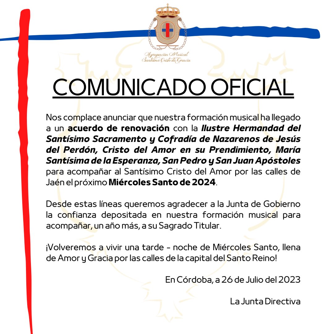 AMCRISTODGRACIA's tweet photo. ¡Y terminamos nuestros anuncios de renovaciones con una muy especial! 👇🏼

📍 𝗔𝗖𝗨𝗘𝗥𝗗𝗢 𝗗𝗘 𝗥𝗘𝗡𝗢𝗩𝗔𝗖𝗜𝗢𝗡 con @HdadPerdonJaen para el próximo Miércoles Santo 2024

Volveremos a fundirnos con el compás y el son de ᴇʟ ᴀᴍᴏʀ ᴅᴇʟ ꜱᴀɴᴛᴏ ʀᴇɪɴᴏ 🎶 https://t.co/KFMV7v2NWc