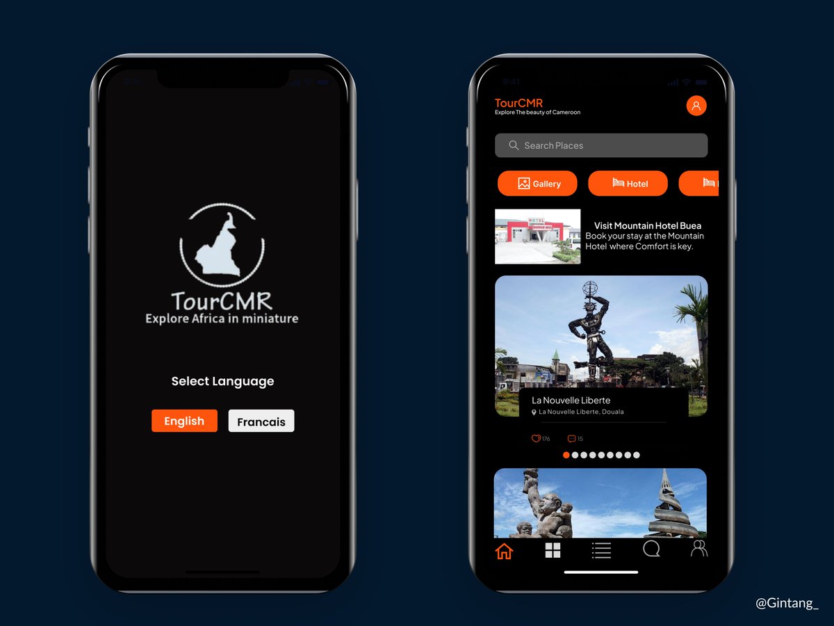 UI Design for the <a href="/TourCmrApp/">TourCMR🇨🇲🇨🇲</a> travel guide app with an interactive light/dark mode feature, engaging experience for users to explore new destinations.. 🌍📍 

#uidesign #design #tuesdayvibe