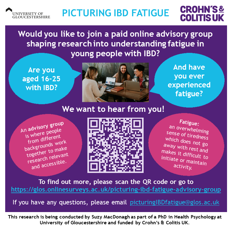 SuzyMacDonagh's tweet photo. Let me know if you would like to find out more about joining my advisory group shaping research into understanding fatigue in young people with IBD https://t.co/RjtPjhnURu or email me picturingIBDfatigue@glos.ac.uk https://t.co/VdmK57BM8n