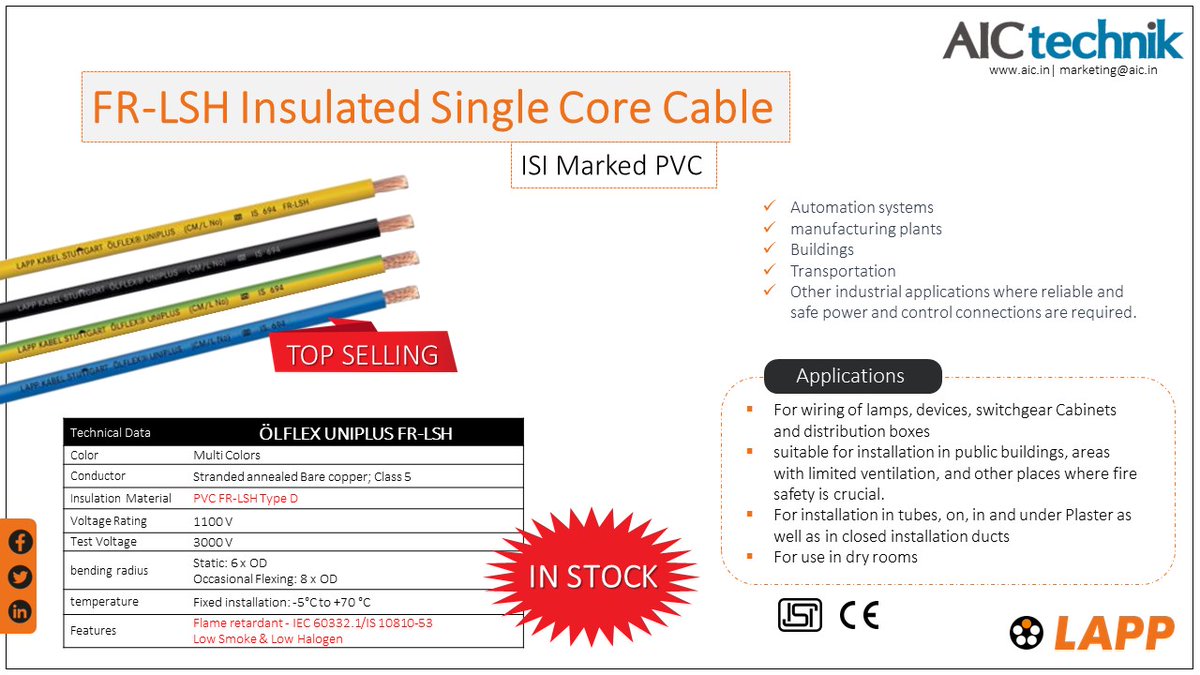 AICTechnik's tweet image. We #AICtechnik offers you our top selling #singlecore FR-LSH #flameretardant &amp;amp; #lowsmokehalogen #cable from #LAPP. 
shop from below link and get fast delivery.
aic.in/products/cable…
or mail us marketing@aic.in