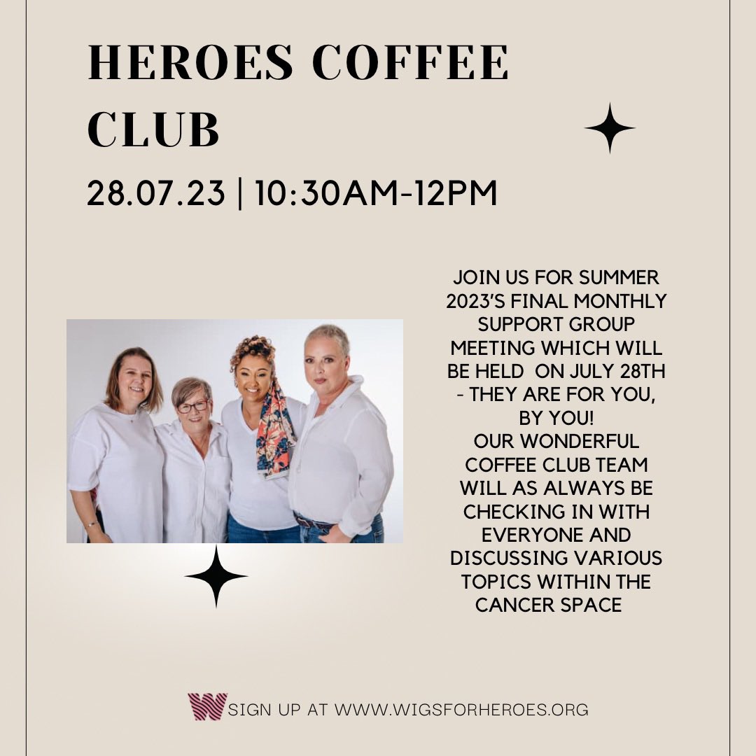 We have a few spaces left for our Heroes Coffee Club virtual meet up this Friday. Hit the link to sign up today and remember, you’ll have a free Coffee Club box delivered to you ahead of the meeting. But hurry spaces are limited wigsforheroes.org/booking