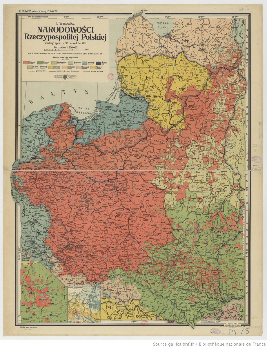 Mtth_Boisdron's tweet photo. #Carte #ethnographique de la #Pologne, dressée en 1927 d'après le #recensement officiel du 30 septembre 1921. Par J. Wasowicz et E. Romer. Source @Gallica. https://t.co/OrdV9qnqw8