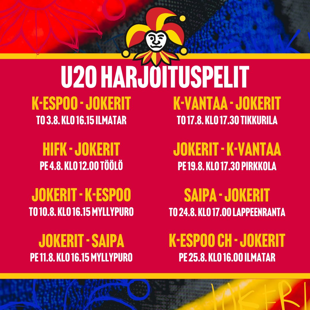 Harjoituskauden otteluohjelma on tässä💪🗓️ Ensi viikolla mennään🔥🔴🟡

#Jokerit