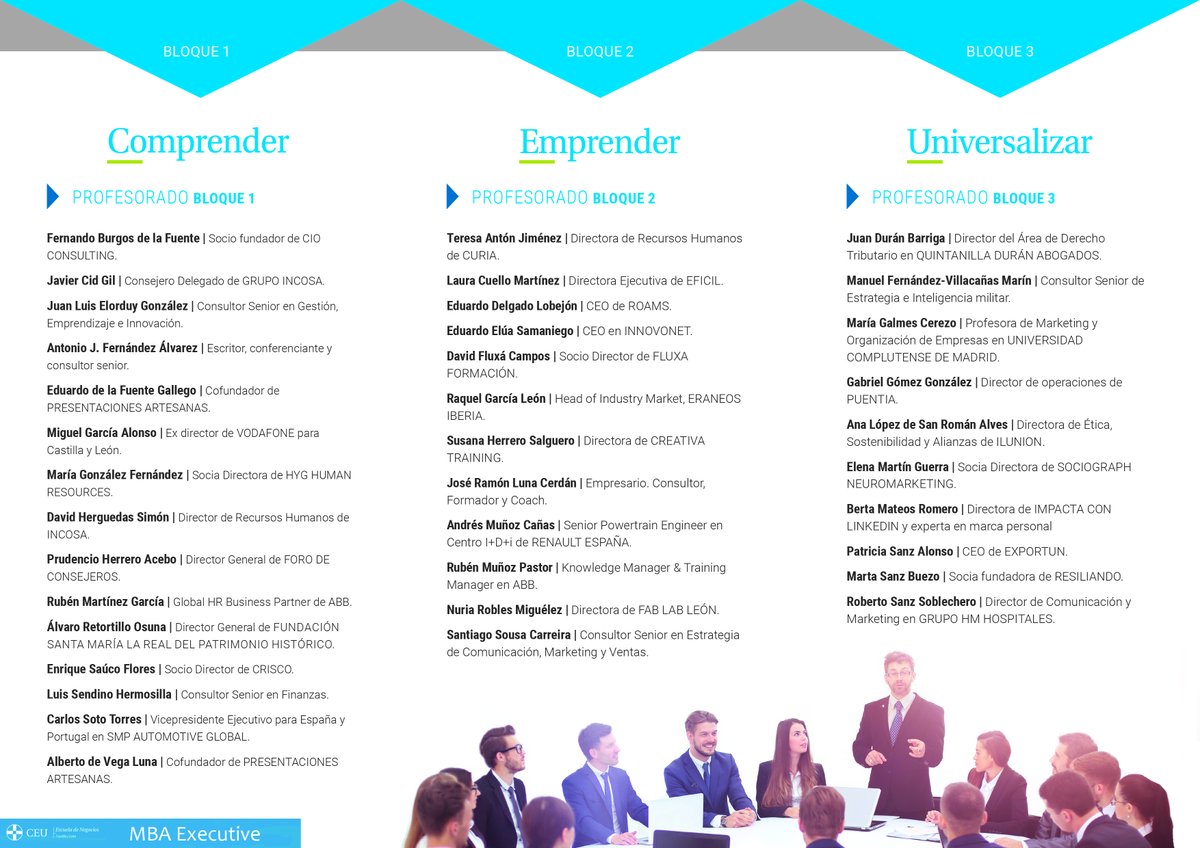Conoce a los profesores de nuestro #MBA #Executive (19ª ed.) 
✏️acortar.link/tM2GrH
<a href="/TeresaAntonJ/">Teresa Anton</a> <a href="/ditelnet/">Fernando Burgos</a> <a href="/javiercidgil/">Javier Cid</a> <a href="/lcuellomartinez/">Laura Cuello M.</a> <a href="/advl03/">Alberto de Vega</a> <a href="/edu_roam/">Eduardo Delgado</a>
<a href="/jlelorduy/">Juan Luis Elorduy</a> <a href="/eelua/">Eduardo Elúa 🤖</a> <a href="/AbueloConsultor/">Antonio J. Fernandez</a> <a href="/mariagalmes192/">María Galmés Cerezo</a> <a href="/ragarleo/">Raquel García León</a> <a href="/gabriel3gg/">Gabriel Gómez</a>
<a href="/herguedas1/">David Herguedas</a> <a href="/_susana_herrero/">Susana Herrero</a> <a href="/penchoha/">Peиcho Heяяeяo</a>