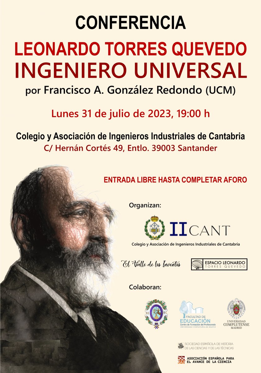 coiicant's tweet photo. El próximo 31 de julio a las 19:00 horas tendrá lugar la conferencia "Leonardo Torres Quevedo, ingeniero universal" en la sede del Colegio y la Asociación. La charla es abierta a todo el público, os esperamos! https://t.co/qYeOKBQAVj