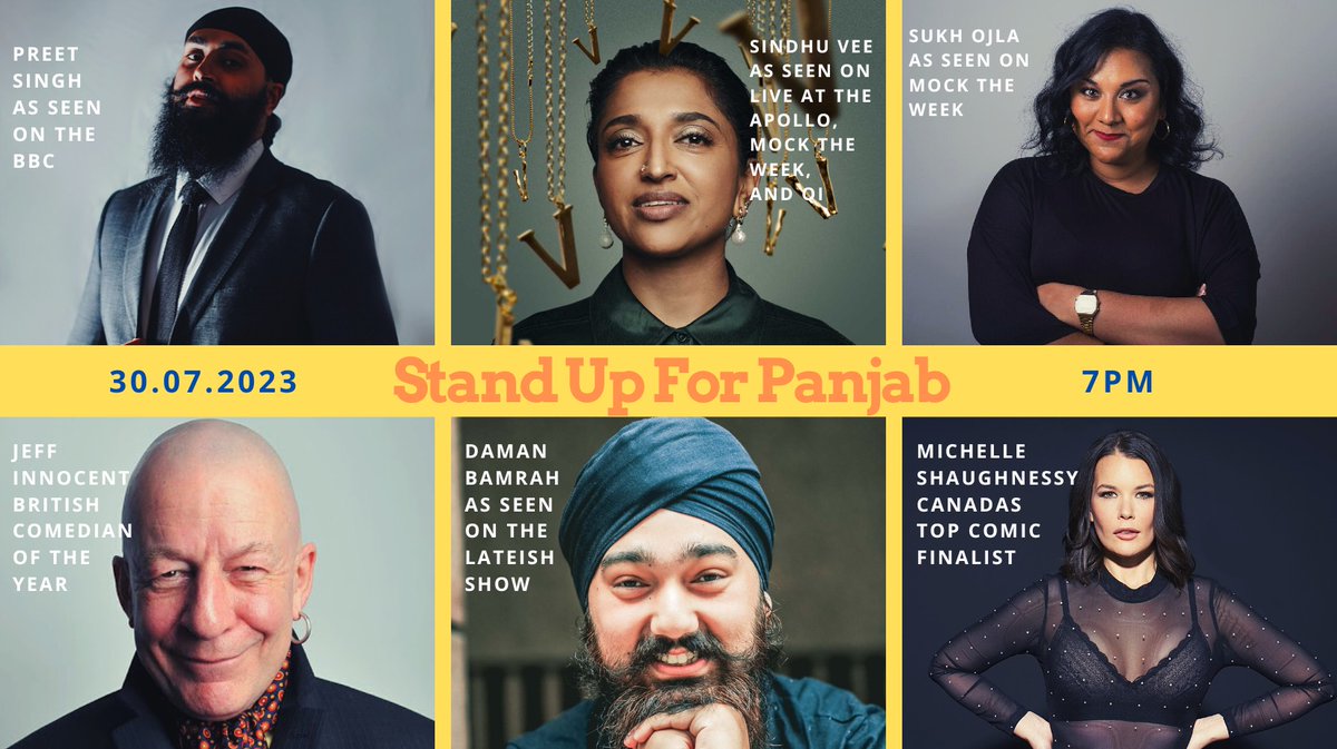 STAND UP FOR PANJAB 

with Sindhu Vee, Sukh Olja, Jeff Innocent, Michelle Shaughnessy, Daman Bamrah &amp; Preet Singh! 

All proceeds being donated to teams on the ground providing urgent need to those in the devastating Panjab floods

Sunday 30th July 7pm 
🎟️bit.ly/3pQ2OFU