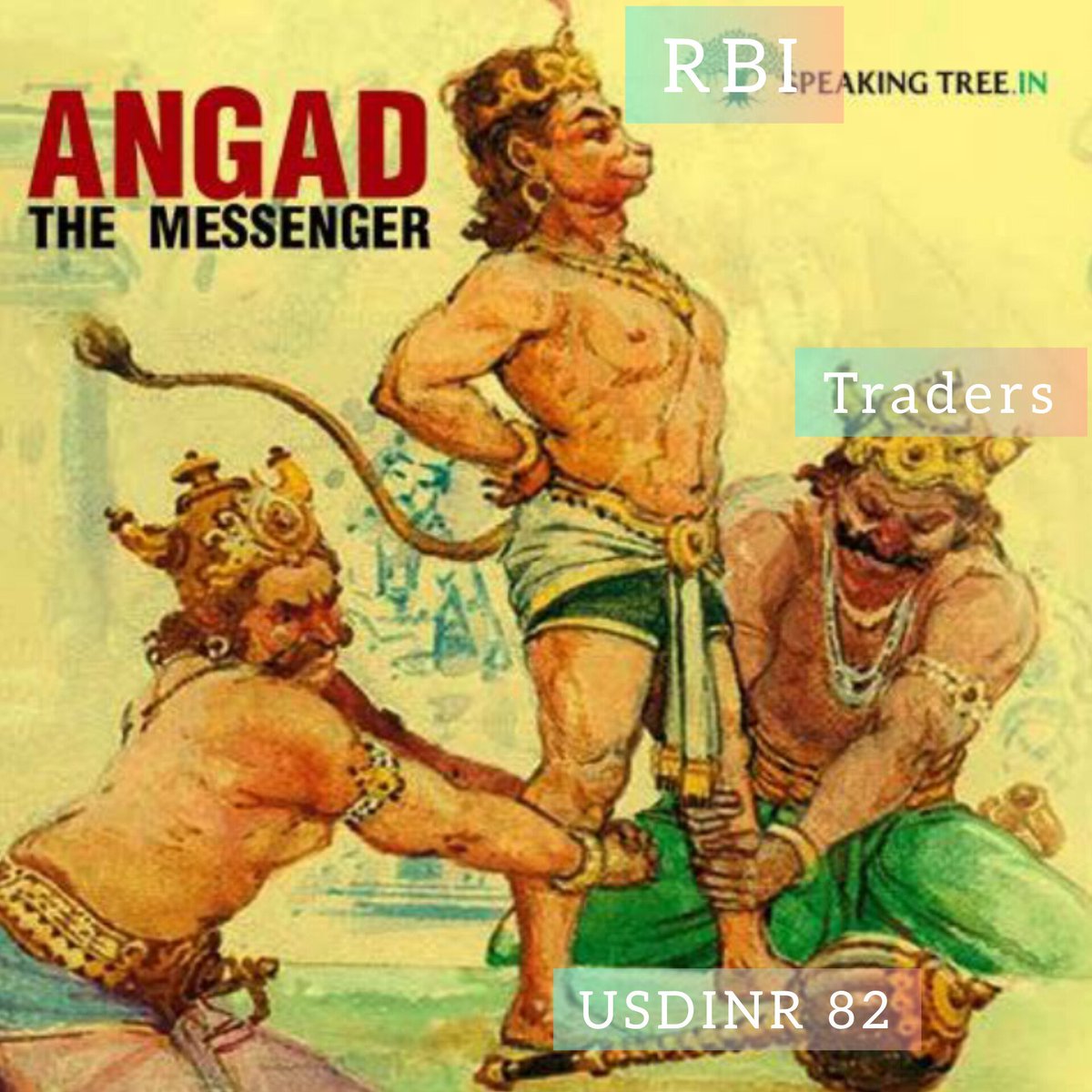 LivingFossil32's tweet photo. In Treta Yuga, Angad displayed unwavering resolve by planting his feet firmly on ground, challenging anyone to move it. Rakshas Kings kept coming  &amp; tried to lift it but all in vain. Such is devotion of God 

PS : Not remotely talking about USDINR at 82 &amp; Rakshas being traders https://t.co/xjjUjuF4Jj