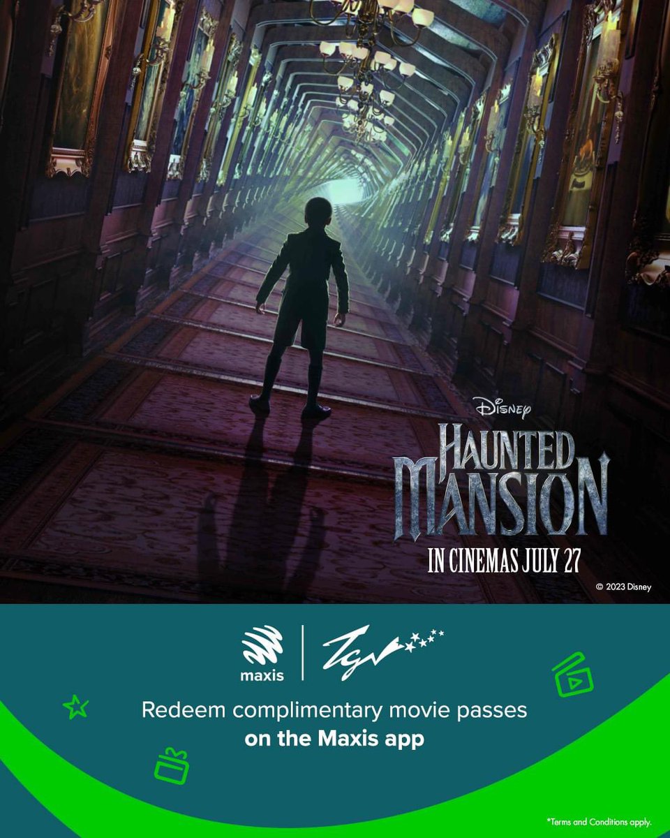 Maxis's tweet photo. Dare to step into an old mansion filled with frightening secrets 👻? Here’s your chance! Get a complimentary movie pass when you purchase a ticket to Disney’s #HauntedMansion , exclusively with #MaxisRewards. https://t.co/oPCvP7na99