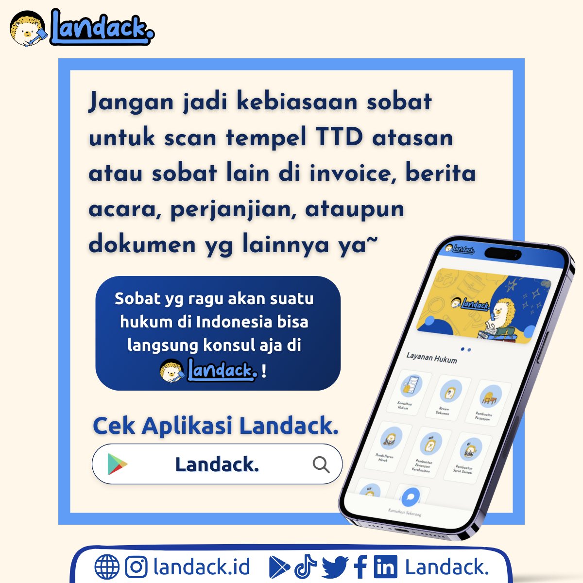 Landackid's tweet photo. Sobat punya masalah atau pertanyaan hukum? Coba dulu konsultasi dengan #Landack.~
#advokat #esignature #invoice #pste #hukumindonesia #ttd #pdf #hukum #sertifikasi #digitalsignature #konsultasihukum #layananhukum
#jasahukum #konsultasi #esighnature #indonesia #keadilan #dokumen https://t.co/F5FL5m9MrQ