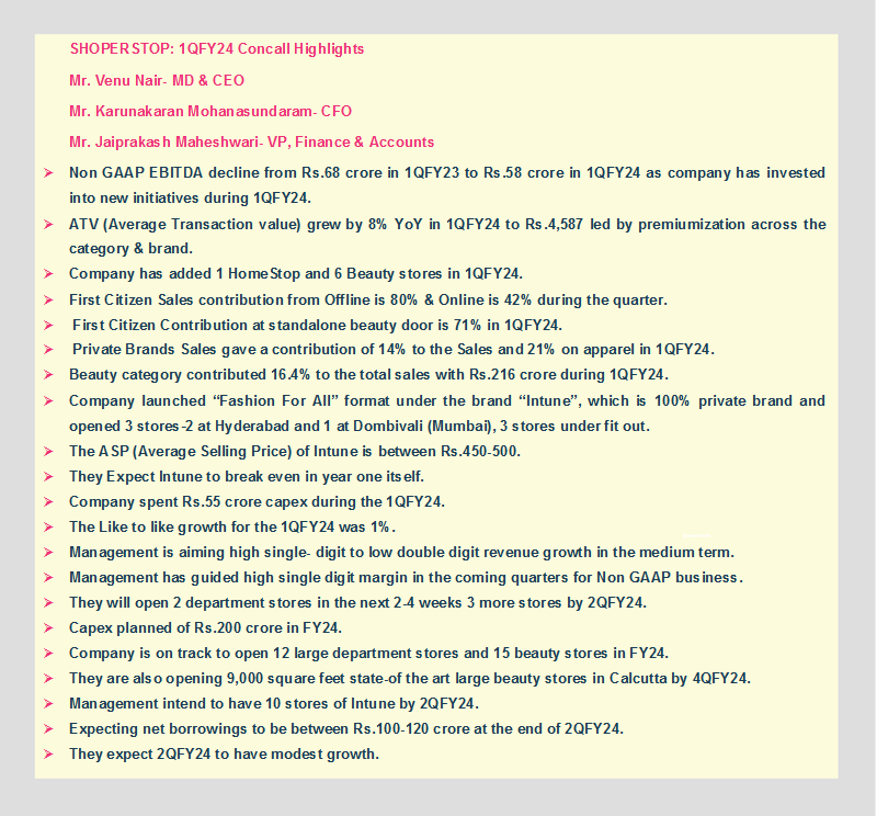 analystmohalla's tweet image. #SHOPERSTOP: 1QFY24 Concall Highlights
Mr. Venu Nair- MD &amp;amp; CEO
Mr. Karunakaran Mohanasundaram- CFO
Mr. Jaiprakash Maheshwari- VP, Finance &amp;amp; Accounts