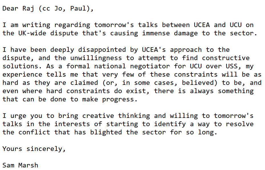 My email to @RKJethwa (cc @PaulBlomfieldMP and @DrJoGrady) on the eve of the talks between @UCEA1 and @UCU. It's time for the employers to bring creative thinking and willing to the table to #SettleTheDispute.