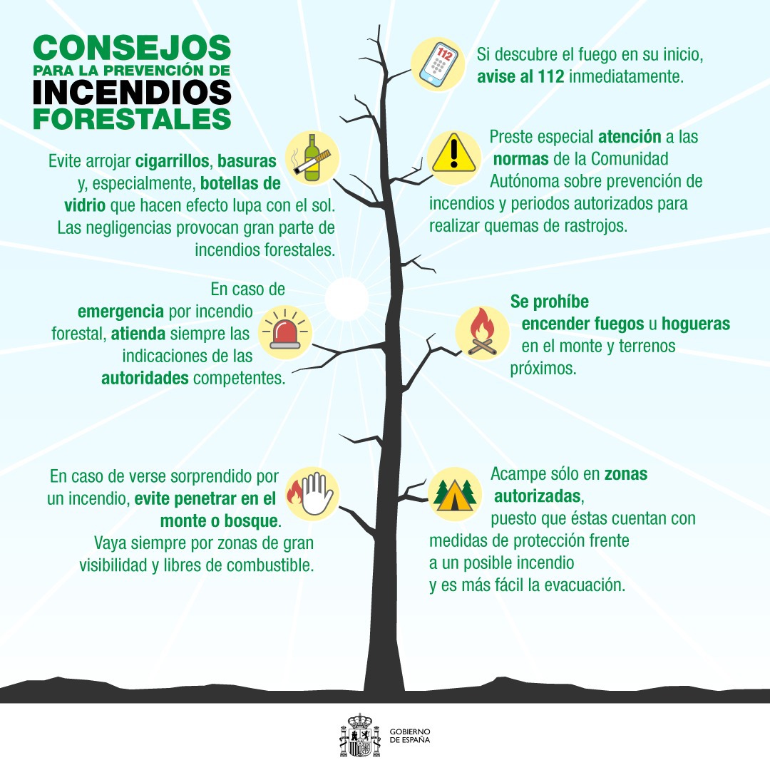 desdelamoncloa's tweet photo. ¿Sabes cuáles son las recomendaciones para evitar incendios?

🚬No tires colillas
🗑️ Evita arrojar basura y vidrios
🔥No enciendas fuego ni hogueras en el monte
☎Si descubres un inicio de incendio o te ves sorprendido por uno, llama al #112

Toda la info👇https://t.co/Xaw6suvEI1 https://t.co/umk37OqHXQ