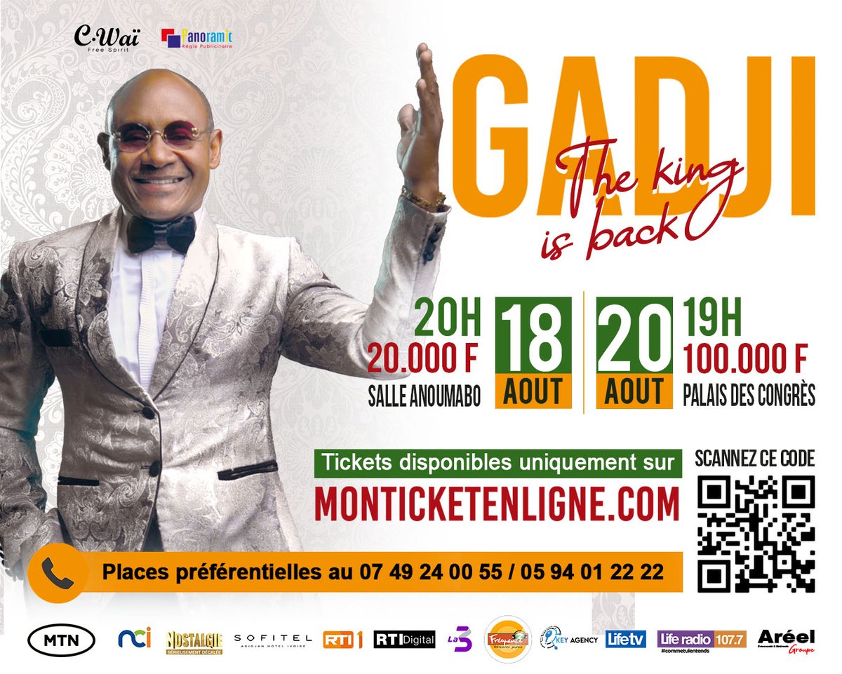 MTNCotedIvoire's tweet photo. Amoudjou, Celi dance, Femme de feu...🎶 
Tant de belles chansons qui ont fait les beaux jours des années 90.  Aujourd’hui, le KING Gadji Celi est de retour, pour deux #concerts inédits les 18 et 20 août à la salle Anoumanbo et au Palais des Congrès.

Taguez un fan de #GadjiCeli . https://t.co/OkDAHPhL9i