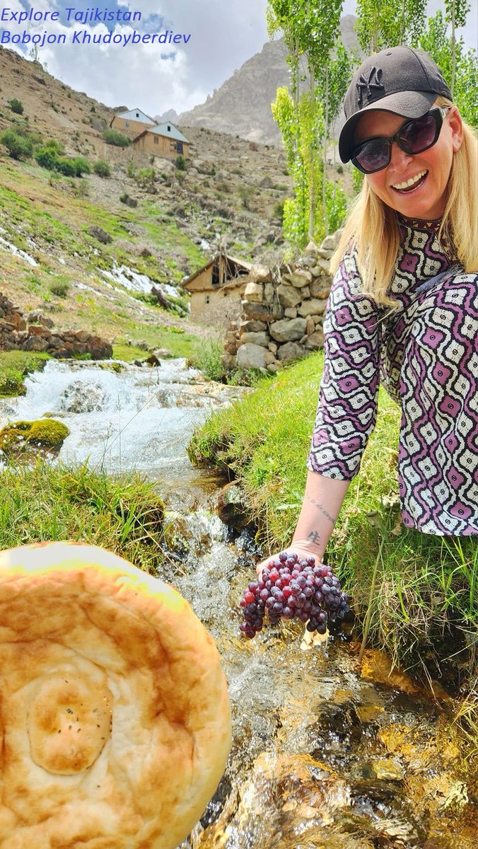 Incredible rivers and nature of #Tajikistan doubled with delicious fruits and oven-fresh Tajik bread - non. #ExploreTajikista  #Mountains #Freshfruits #Non