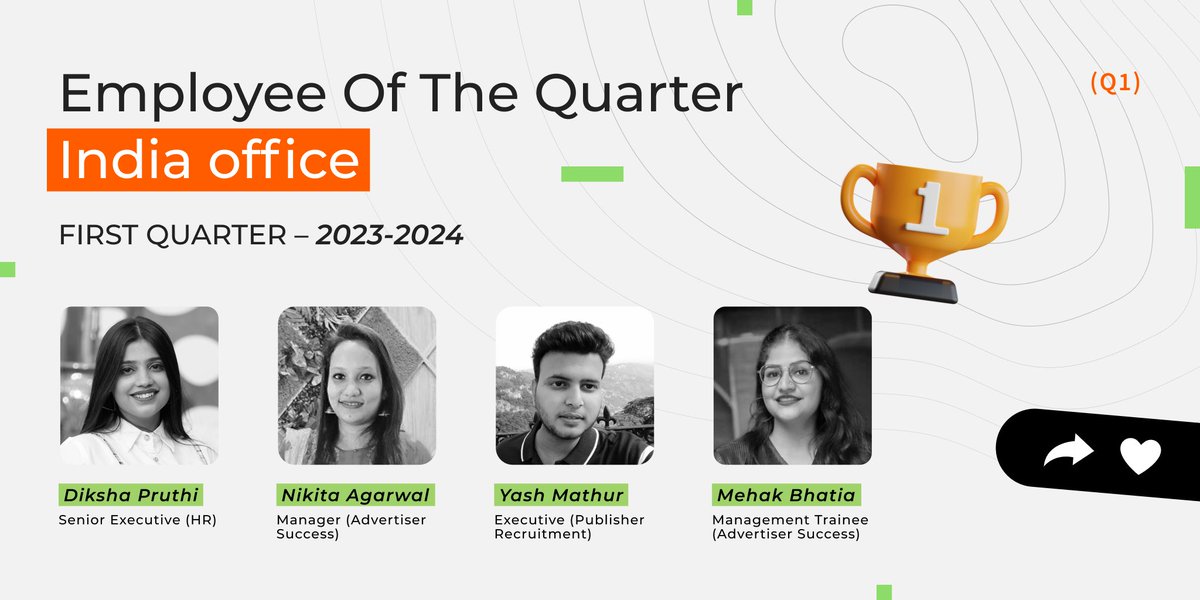 Congratulations Diksha Pruthi, Nikita Agarwal, Yash Mathur, and Mehak Bhatia for being the employee of the Quarter. 👏🎉📈

We appreciate your consistency and hard work.

#AdmitadIndia #partnernetwork #employeeappreciation #employeeengagement