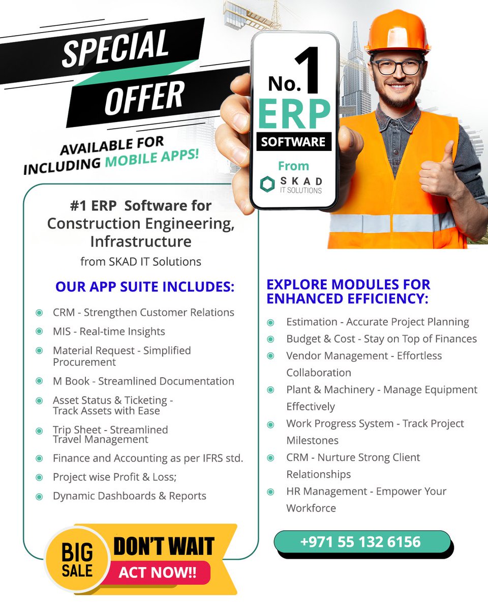 skaditsolutions's tweet image. 🏗️ Grab Our Special Offer for Construction Engineering Professionals! 🏢💻

#SKADITSolutions #ConstructionEngineering #ERPSoftware #BusinessTechnology #ScalableSolutions #CustomizableERP #DigitalSolutions #TechForBusiness #ModernBusiness #ERPDubai #ERPUAE #DubaiERP #UAEERP