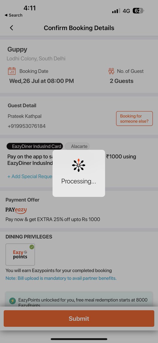 Praateek's tweet photo. @eazydiner : Is your app down ? Been trying to log a reservation for like 100th time now https://t.co/SIrMP4eC0M