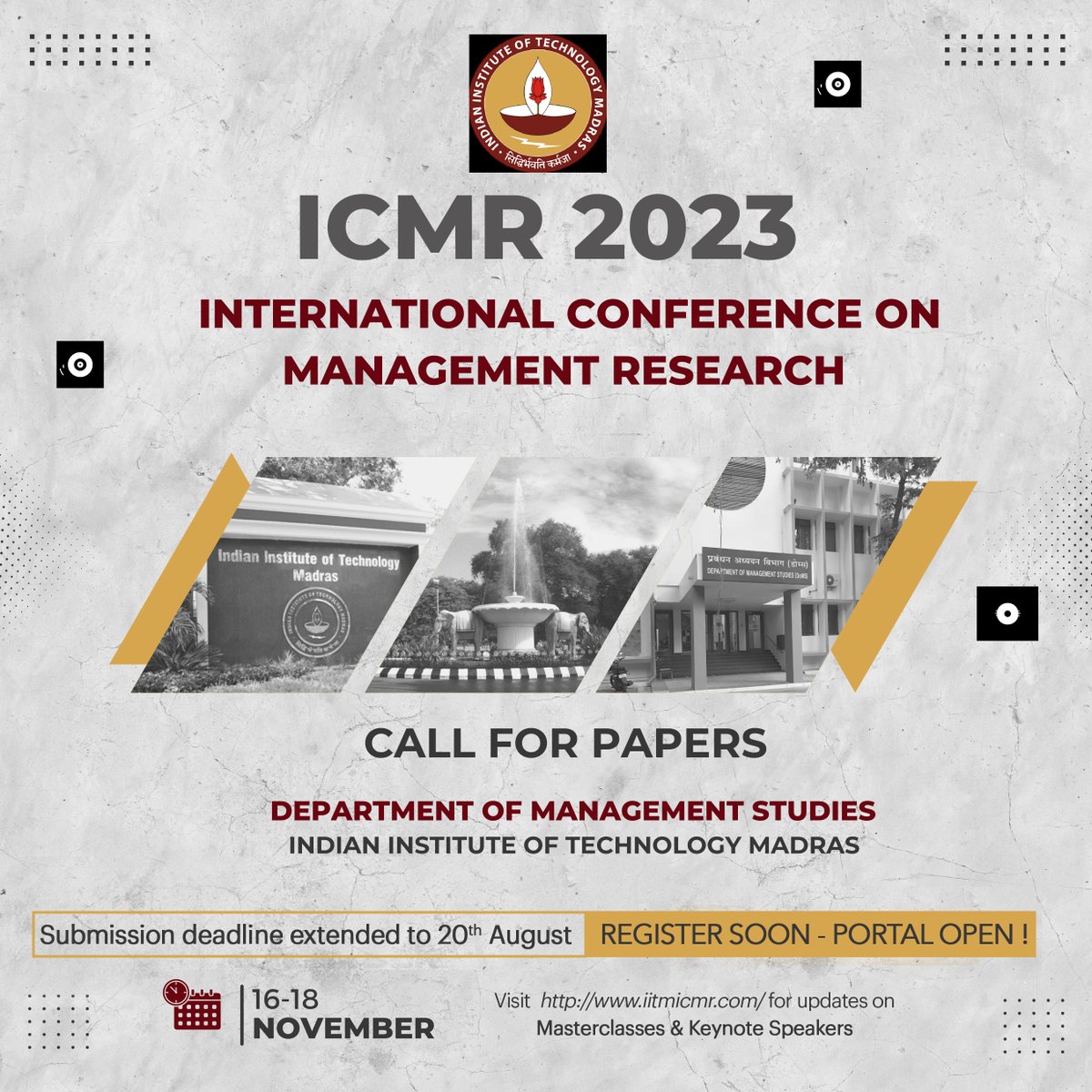 Research_DoMs's tweet photo. Don't miss out on this exceptional learning and networking event!
International Conference on Management Research(ICMR 2023)
Registration Open! 
🗓️Submission Meetline Extended till August 20,2023!
Check Keynote Speakers &amp; Masterclasses: https://t.co/ZzbLtEAKMp
#ICMR2023 #DoMSIITM https://t.co/V7zpRvLNRf