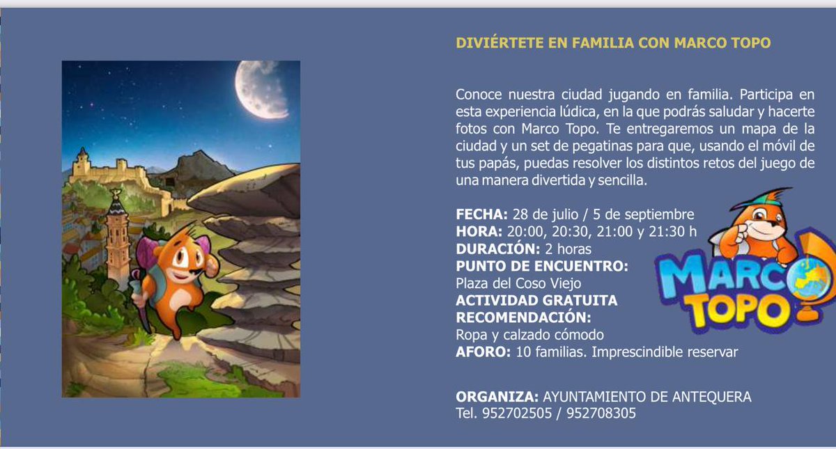 ClubMarcoTopo's tweet photo. El 28 de julio tenemos planazo en familia en #Antequera.
Todo la info en el cartel y en @AytoAntequera @ATQaTuCorazon
#turismofamiliar #verano2023 #vacaciones #MarcoTopo https://t.co/q8LgVoBSgb