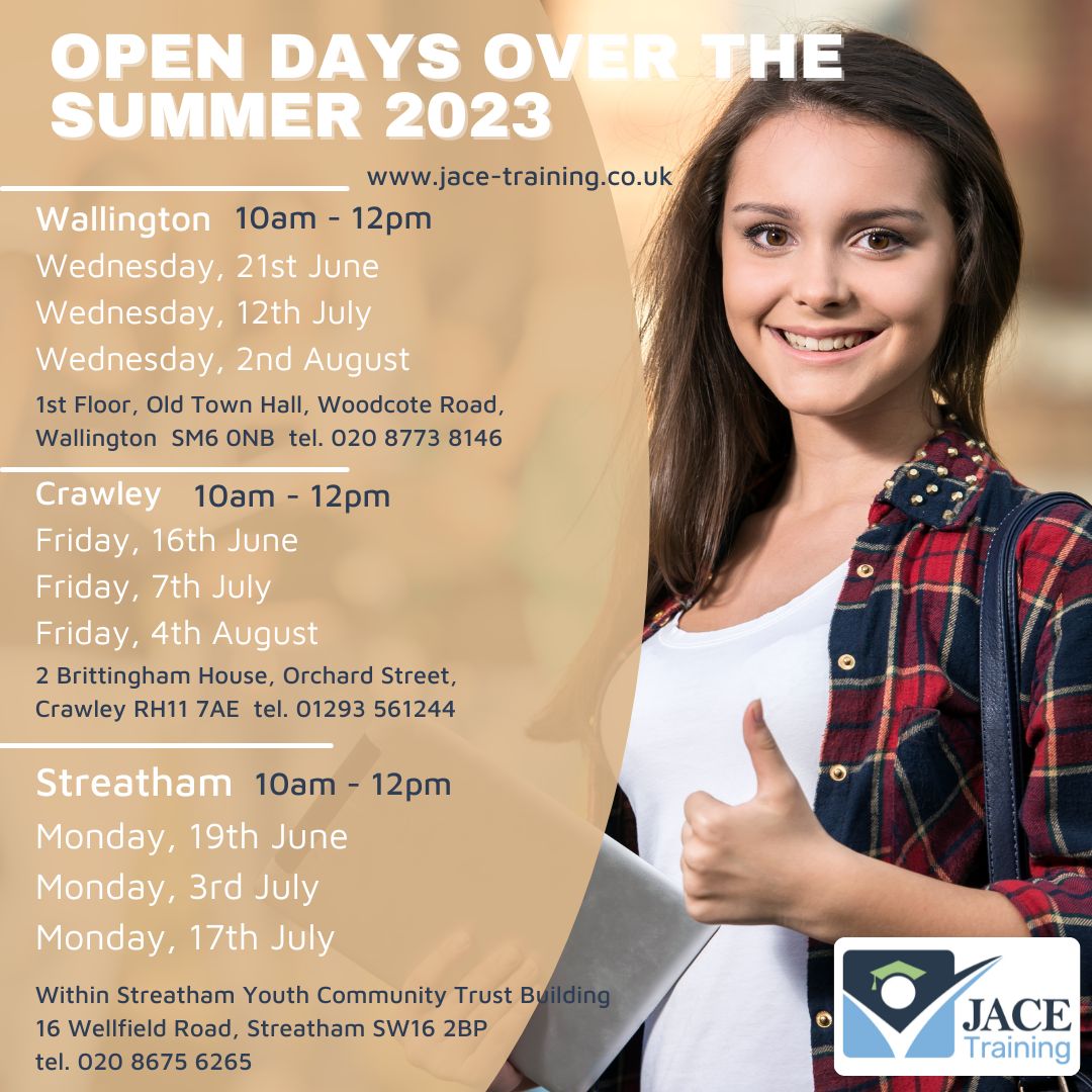 JACETraining's tweet image. There is still time to attend one of our JACE Open Days this Summer.  Can't make it? No problem, give our Student Services team a call to arrange a visit or for further details on our programmes #apprenticeships #studyprogramme #opendays #College #crawley #wallington #streatham