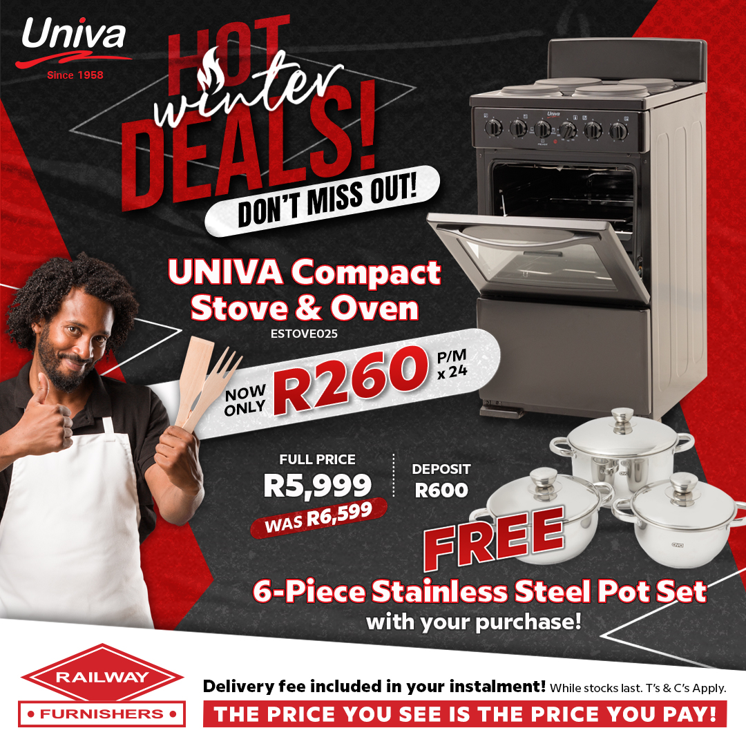 rail_furn's tweet photo. HOT Winter Deals with UNIVA! Buy the UNIVA Compact Stove &amp; Oven for ONLY R260 p/m (x24) and get a FREE 6 Piece Stainless Steel Pot Set! Don't miss out - only while stocks last! Visit your closest branch for more! #RailwayFurnishers #thepriceyouseeisthepriceyoupay #hotdeals https://t.co/pXo3pDr3Xx