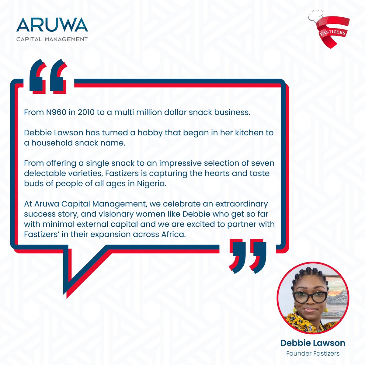 AruwaCapital's tweet photo. Today, we are thrilled to celebrate a trailblazing female founder, Deborah Lawson, and the extraordinary journey of @fastizers a local manufacturer of snack foods and confectioneries in Nigeria.
#fastizers
#aruwacapital
#femalefounders https://t.co/DSB3XQH2pY
