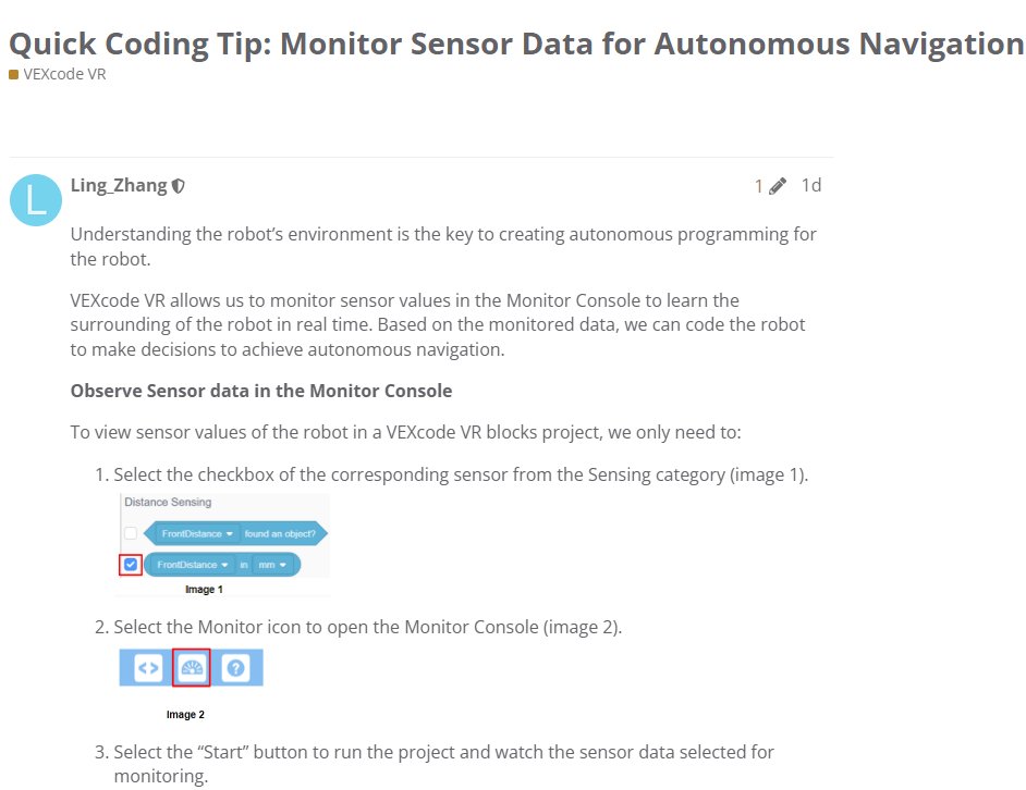 nic_champagne's tweet photo. New content alert in our VEX PD+ PLC! 🚨 "Quick Coding Tip: Monitor Sensor Data for Autonomous Navigation"  Swing by to read up, engage, and share your thoughts. Are you using VEXcode VR with your students?  #VEXcode #VEXPD #VEXCommunity https://t.co/ojDYBH0egY