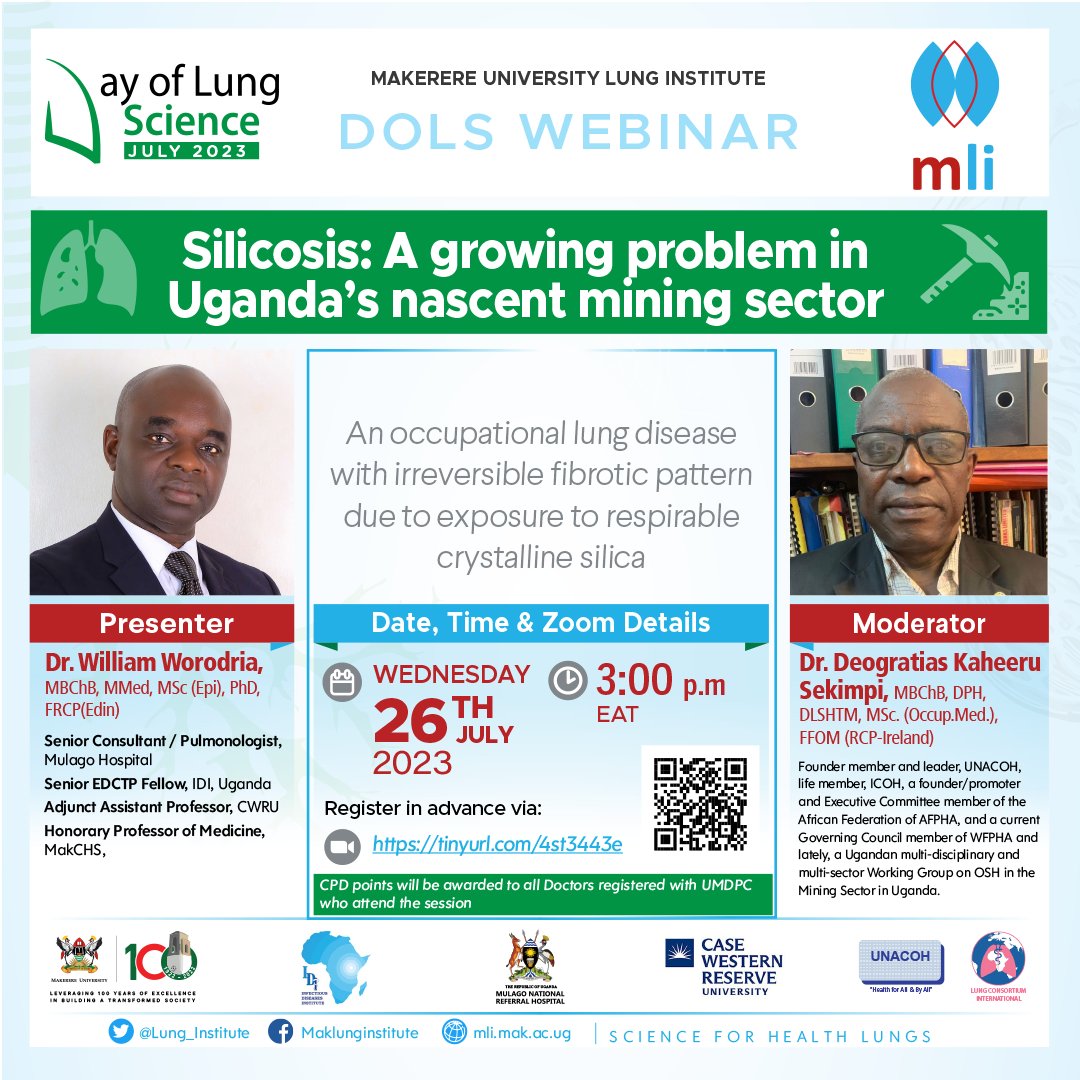 It is happening today at 3pm, This months @Lung_Institute Day of Lung Science Virtual Session will feature Prof. William Worodria and Dr. Sekimpi Deogratius on Silicosis: A growing problem in Uganda's nascent mining sector. Register: bit.ly/43DedGZ