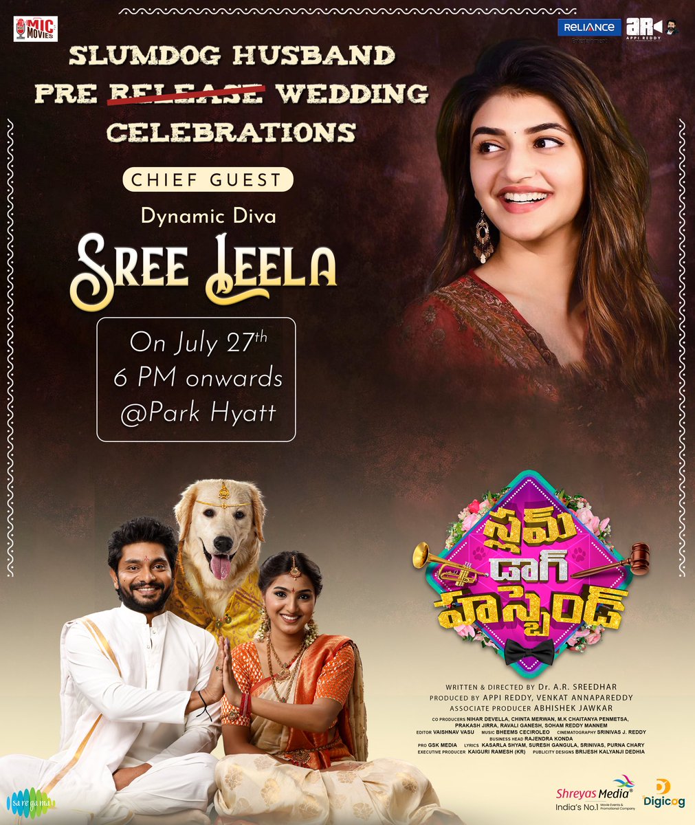 Prepare yourself for the spectacular Pre-Release event of #SlumDogHusband with Dynamic actress @sreeleela14 as our esteemed chief guest! @SanjayROfficial @Pranavimanukon2 @ar_sreedhar @actorbrahmaji @Appireddya @Mic_Movies @RelianceEnt @kvrajendra @GskMedia_PR @saregamasouth