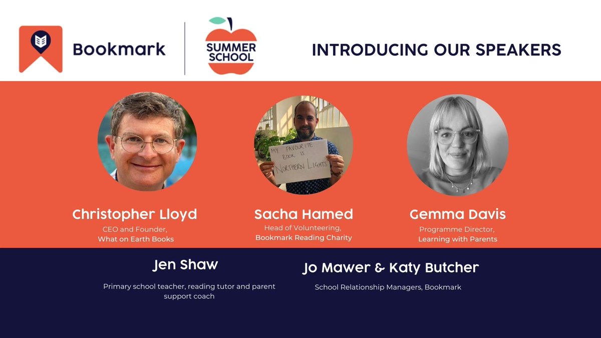 We're SO excited to introduce our Summer School speakers!

From 7th Aug to 1st Sept we’ll be running a series of online  sessions on all things literacy and volunteering with children.

Sign up to become a Bookmark volunteer today to attend these sessions: bookmarkreading.org/volunteer