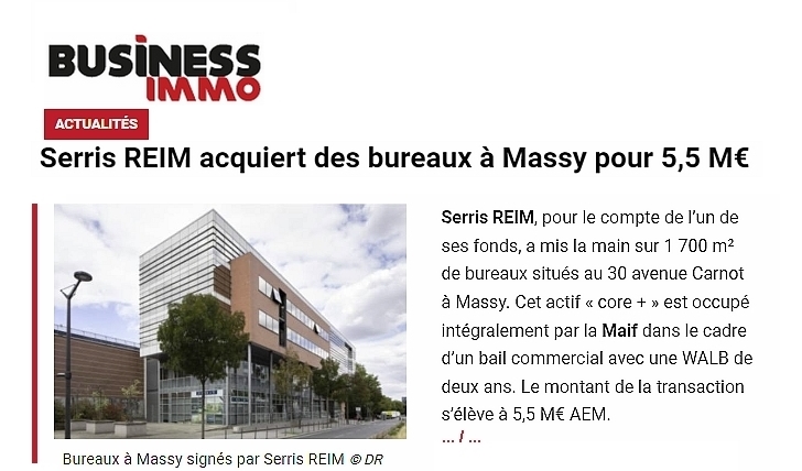 SerrisReim's tweet photo. #NelleAcquisition
🔴@businessimmo : @SerrisReim acquiert des #bureaux à 📍#Massy pour 5,5 M€.
Cet actif #core+ est occupé intégralement par
la #MAIF dans le cadre d’un bail commercial avec une WALB de deux ans.
👉https://t.co/QG806S4sil https://t.co/4HisHQaBKM