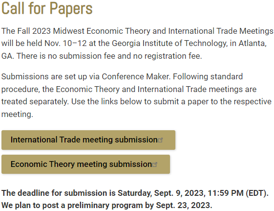 jameswesleylake's tweet photo. Fall Midwest Trade Meetings call for papers is out! Will be at Georgia Tech Nov 10-12. Looking forward to seeing great research and people! @GATechEcon @TBesedes @rafer77 @YotovG  https://t.co/Cyj2CeqPsv https://t.co/vggjoEjIZn