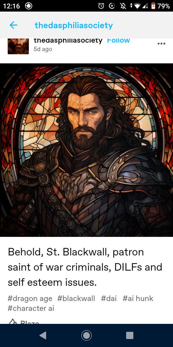 cleric_go_bonk's tweet photo. You guys may have seen this AI "art" of Blackwall around Tumblr. @JudithMacTir and I have started a blog to crowdfund paying a real human artist to draw a stained glass portrait of him instead. And we already got 40 Eur! Ideally, we wanna raise 100, but if you're an artist... https://t.co/dIJLHDDsR4
