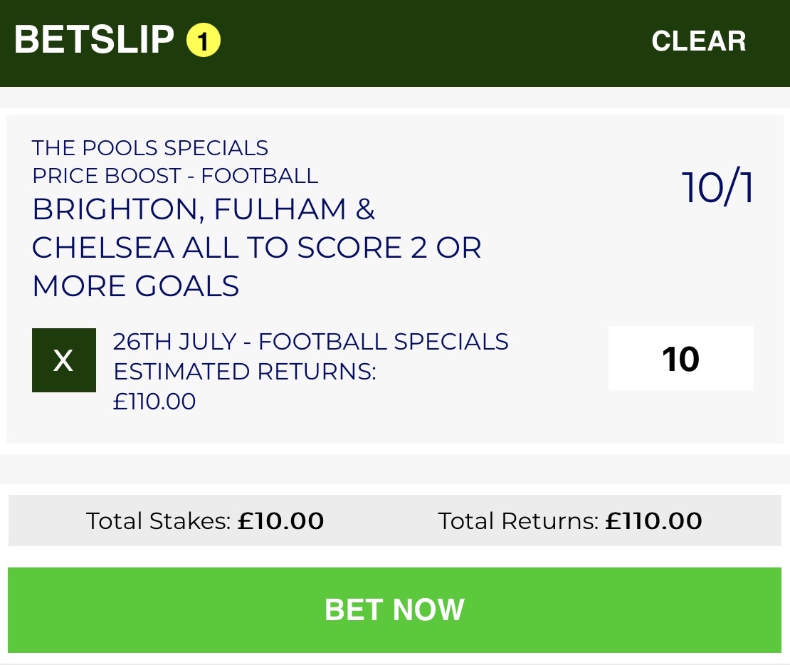 £10 could return £110 on our Wednesday goals treble ⚡️ Check out this and more over on our specials page: bit.ly/FootballPoolsS… 18+ | T&Cs Apply | BeGambleAware | Ad
