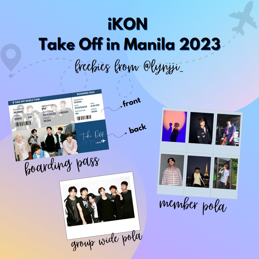 🛫 iKON Take Off in Manila 2023 🛫

✨ Freebies from yours truly  ✨

Date: Aug 5
Time &amp; Loc: TBA

✨ Limited Qty Only! ✨
✨ like &amp; rt to spread ✨

🤞 might add additional such as candies or other miscellaneous (depends on availability) 🤞

✨ See you! ✨

#iKONinMANILA2023